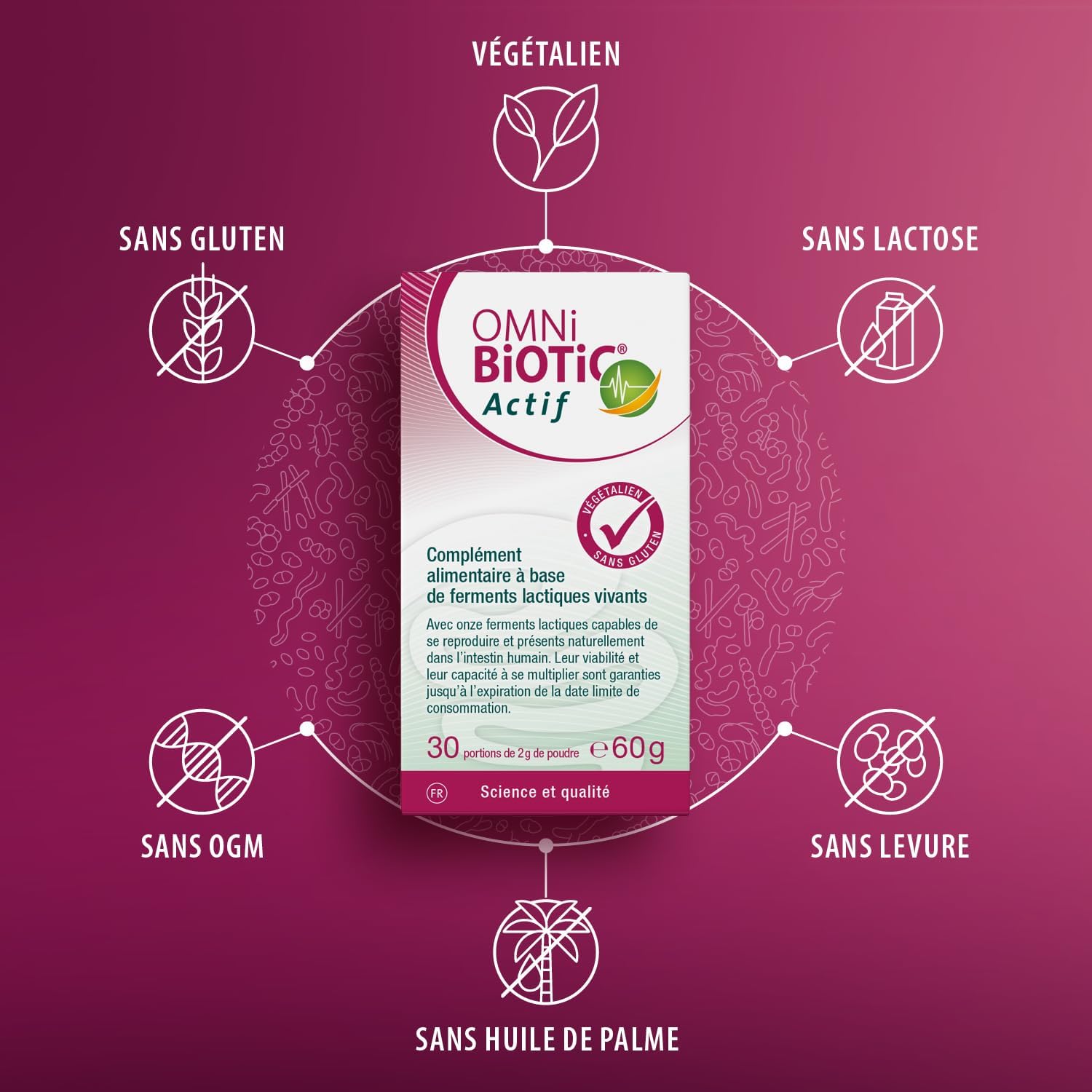 OMNi-BiOTiC Actif - Probiotique - Vitalité & Microbiote intestinal - 11 souches bactériennes - 5 milliards d’UFC par portion - 30 portions - Flacon en verre - En poudre