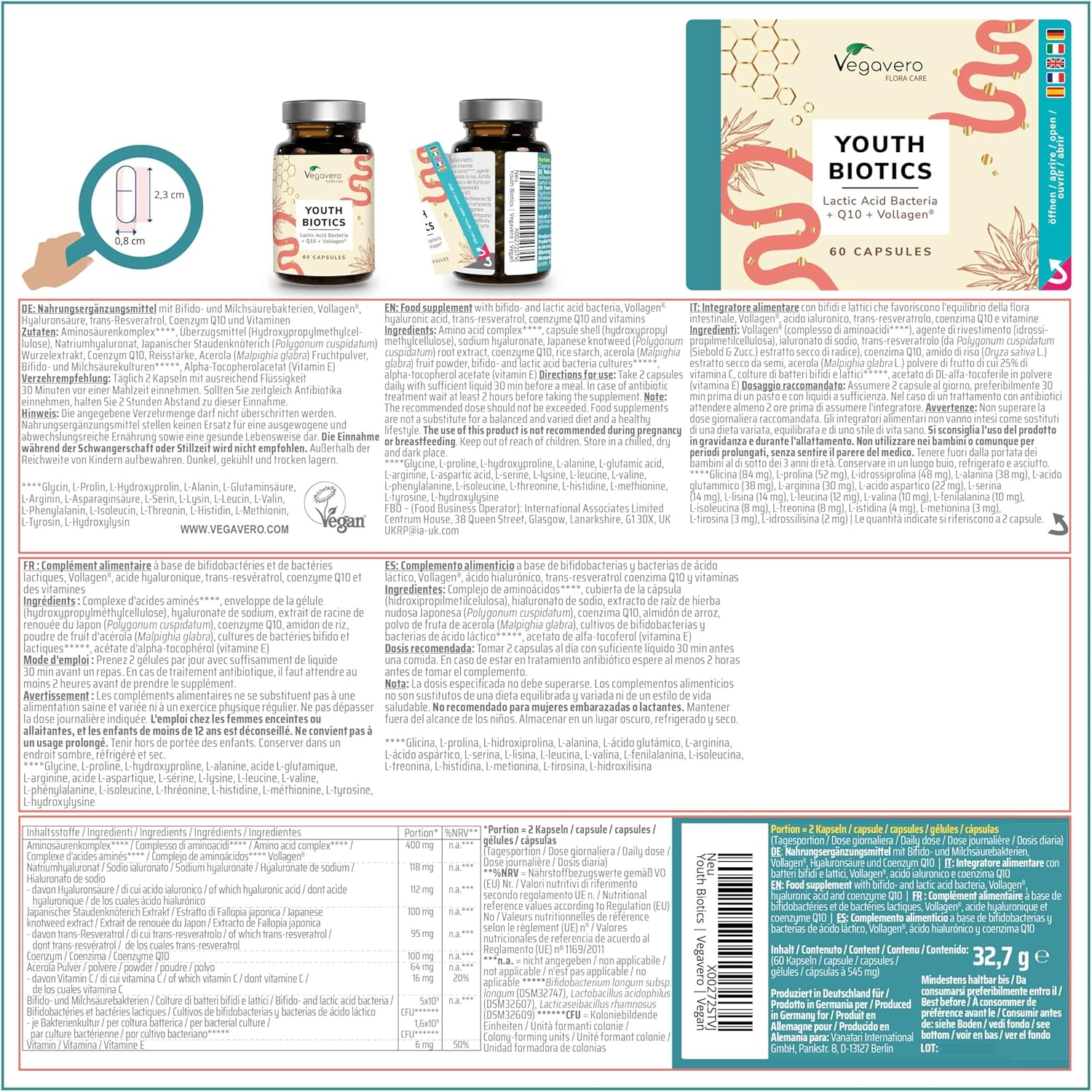 Complément Peau avec Probiotiques - Acide Hyaluronique, Collagène, Q10 - Anti Age + Antioxydant - Vegan & Sans Additifs - Vegavero®