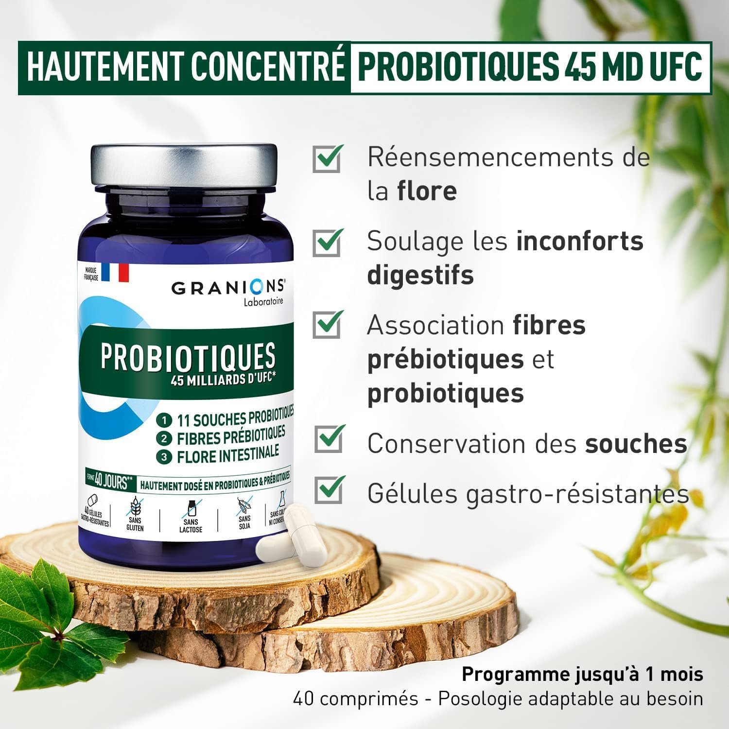 Probiotique 45 Milliards d’UFC – Complement Alimentaire pour Flore Intestinale - Flore intime – Digestion Difficile, Ballonnements, Détox Foie Puissant et Rapide - 60 Gélules