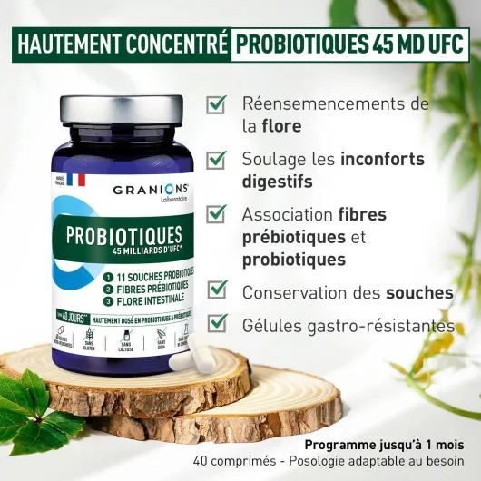 Probiotique 45 Milliards d’UFC – Complement Alimentaire pour Flore Intestinale - Flore intime – Digestion Difficile, Ballonnements, Détox Foie Puissant et Rapide - 60 Gélules