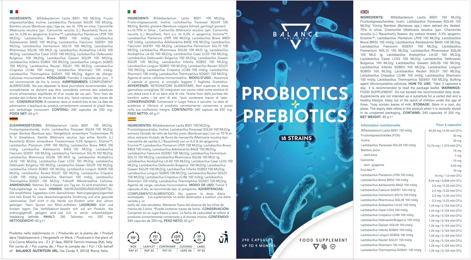 Probiotique Ferments Lactiques - 240 Capsules - Probiotique Flore Intestinale - Spectre Complet de 18 Souches Bactériennes, Lactobacillus Gasseri, Enzymes Digestives, Inuline - 10 Milliards UFC