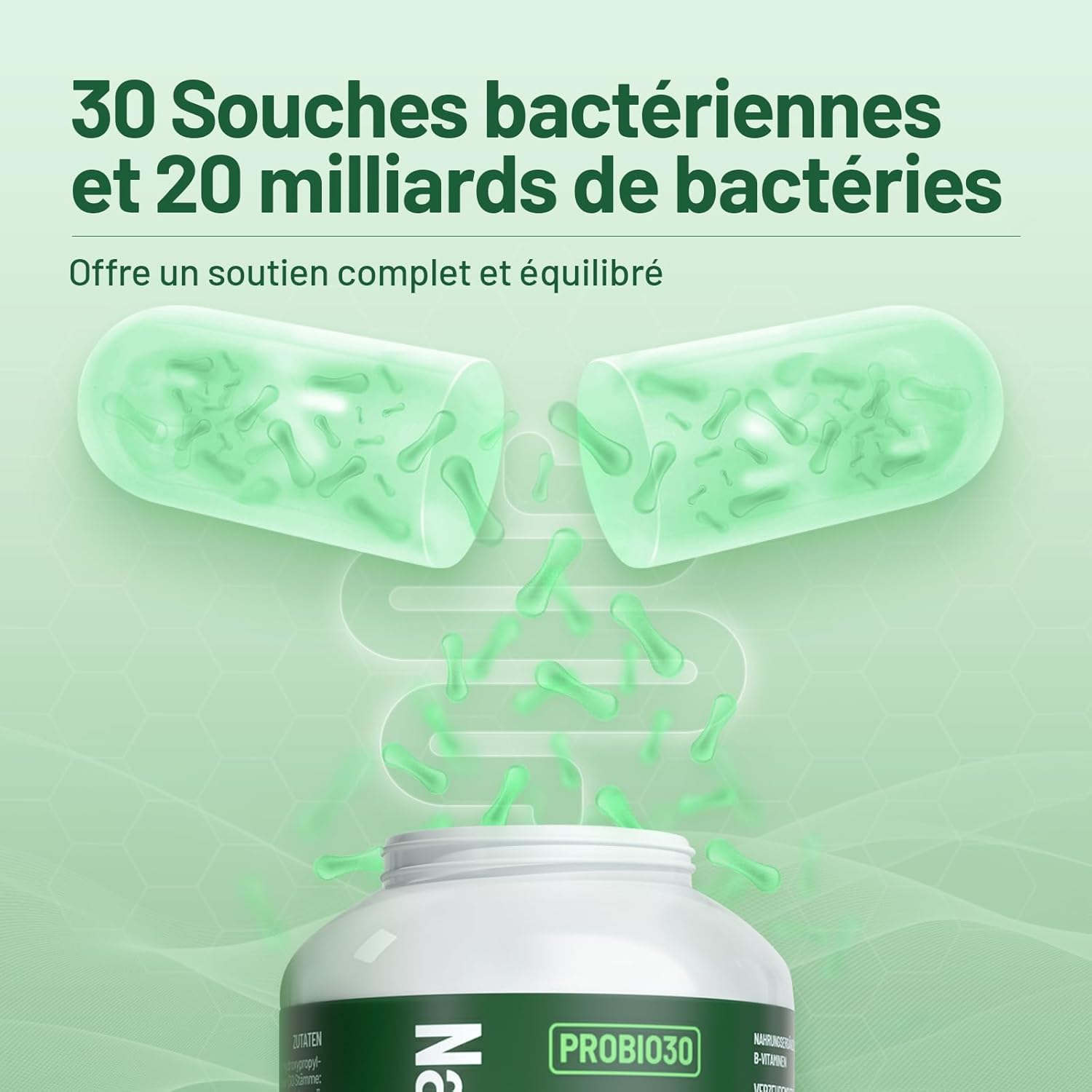 Probiotique Flore Intestinale - 30 Souches de Bactéries - 180 Gélules - 20 Milliards UFC/jour - Avec complexe B actif et fibre d'acacia - Gastro-Résistant &Vegan - Lactobacillus & Bifidobactéries