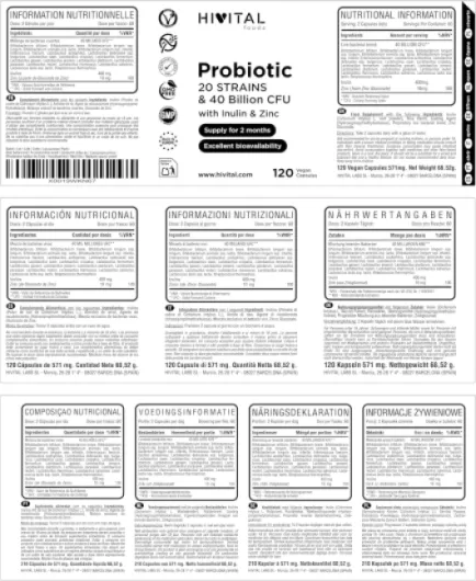 Probiotique 20 SOUCHES 40 MILLIARDS UFC avec inuline et zinc - 120 gélules vegan gastro-résistantes pour 2 mois de traitement - Probiotiques et prébiotiques - Fabriqué en Europe par HIVITAL 1 unité (Lot de 1)
