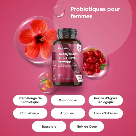 Probiotique Femmes - 90 Gélules 30 Milliards d’UFC pour 1 Mois, Lactobacillus Rhamnosus, Prebiotique et Probiotique, Inuline et Extraits Botaniques - Vegan, sans OGM et sans Gluten