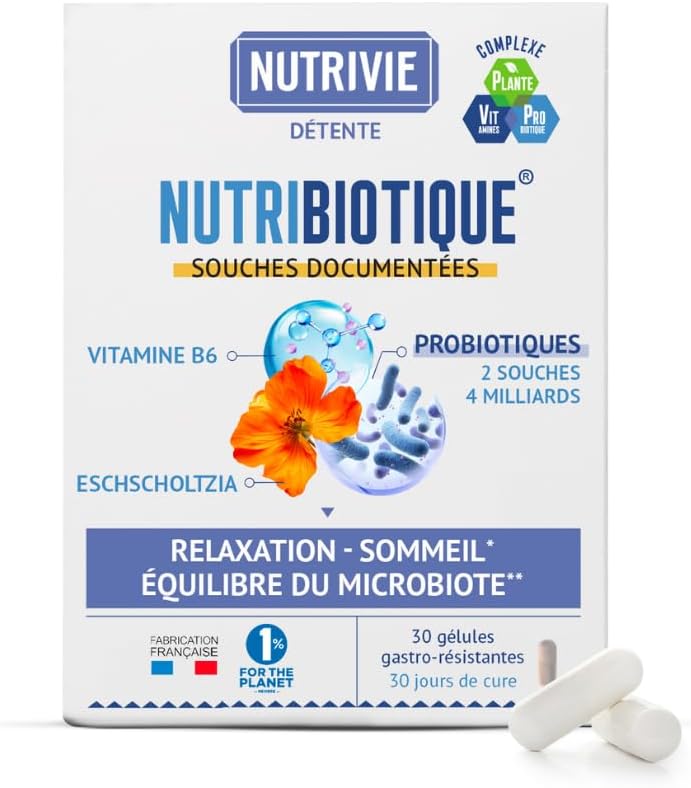 Probiotiques Stress & Sommeil - Équilibre Émotionnel & Détente - 2 Souches + Eschscholtzia + Vitamine B6-30 Gélules Gastro-Résistantes - Fabriqué en France - Nutrivie