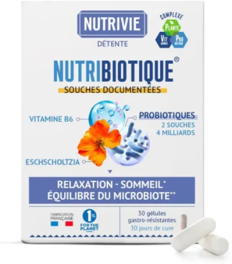 Probiotiques Stress & Sommeil - Équilibre Émotionnel & Détente - 2 Souches + Eschscholtzia + Vitamine B6-30 Gélules Gastro-Résistantes - Fabriqué en France - Nutrivie