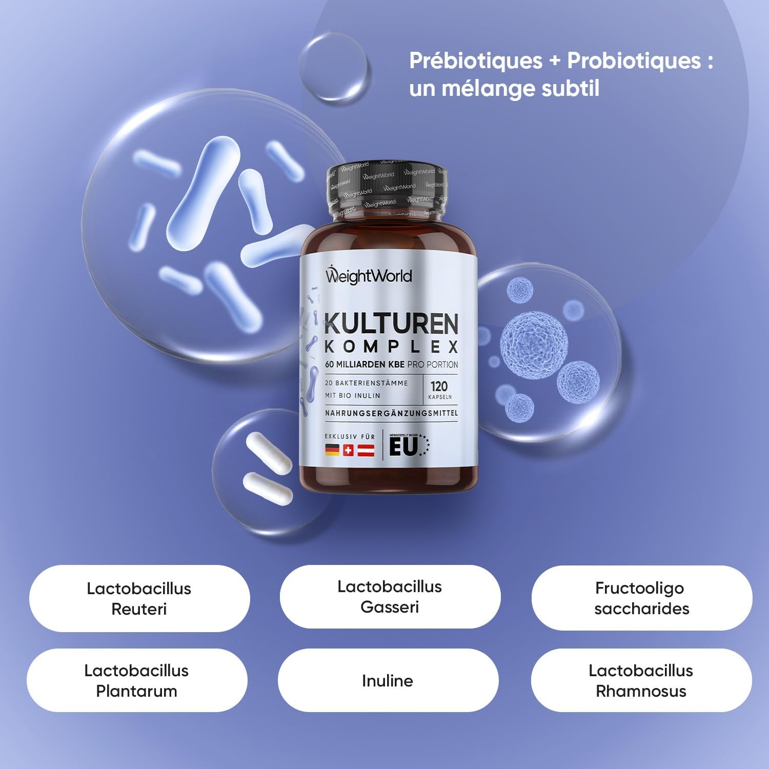 Probiotique et Prébiotique 60 Milliards d'UFC 120 Gélules Vegan 20 Souches, Probiotique et Prébiotique Gélules - Lactobacillus Gasseri, Lactobacillus Reuteri, Lactobacillus Rhamnosus, Inuline, FOS