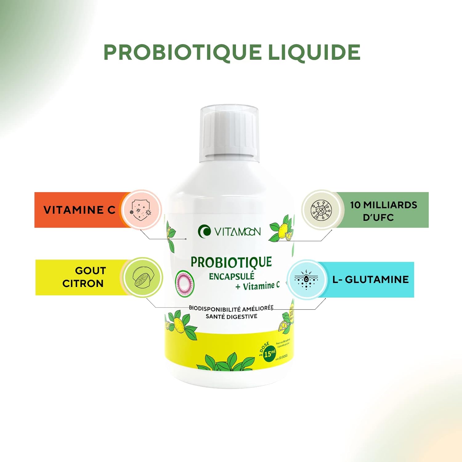 Probiotique Liquide Encapsulé Goût Citron • 10 Mds UFC Ferments Lactiques & L-Glutamine • Digestion, Ventre Plat & Immunité • 4 Souches Lactobacillus • Cure 33 Jours • 500ml