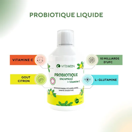 Probiotique Liquide Encapsulé Goût Citron • 10 Mds UFC Ferments Lactiques & L-Glutamine • Digestion, Ventre Plat & Immunité • 4 Souches Lactobacillus • Cure 33 Jours • 500ml