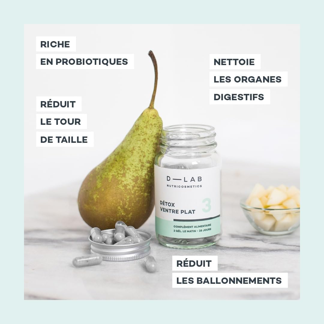 D-LAB Détox Ventre Plat - 1 Mois de Cure Digestive - Stimule le Système Digestif, Réduit le Tour de Taille, Apporte des Probiotiques et Nettoie les Organes Digestifs 56 unité (Lot de 1)