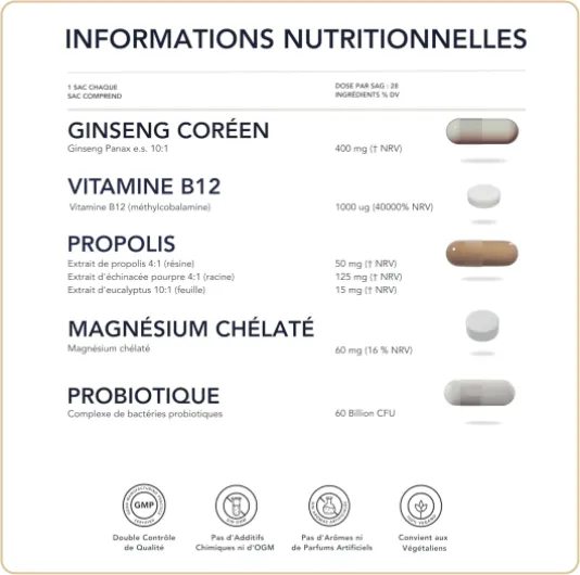 Réduit la fatigue et la fatigue Set avec ginseng : ginseng + vitamines B12 + Propolis + Magnésium + Probiotique Energie Physique et Mentale Pour Femme Et Homme 28 Sachets Quotidiens