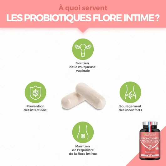 PROBIOTIQUE FLORE INTIME – 24 à 48 Milliards UFC – 3 Souches Lactobacillus & Vitamine B2 – Equilibre de la Flore Vaginale – Contre Mycoses & Cystites – 60 Gélules Vegan – Nutrimea – Fabriqué en France Flore Intime - 24 À 48 Milliards D'ufc