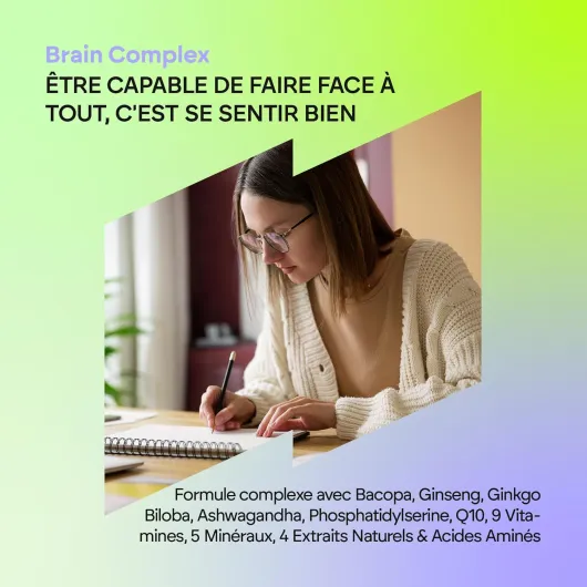 Nootropique Brain Complex - Mémorie et Concentration - Bacopa Monnieri, Ginkgo Biloba, Choline, Ginseng, L-Tyrosine + Vitamines - Brain Complex 60 Gélules Nutralie