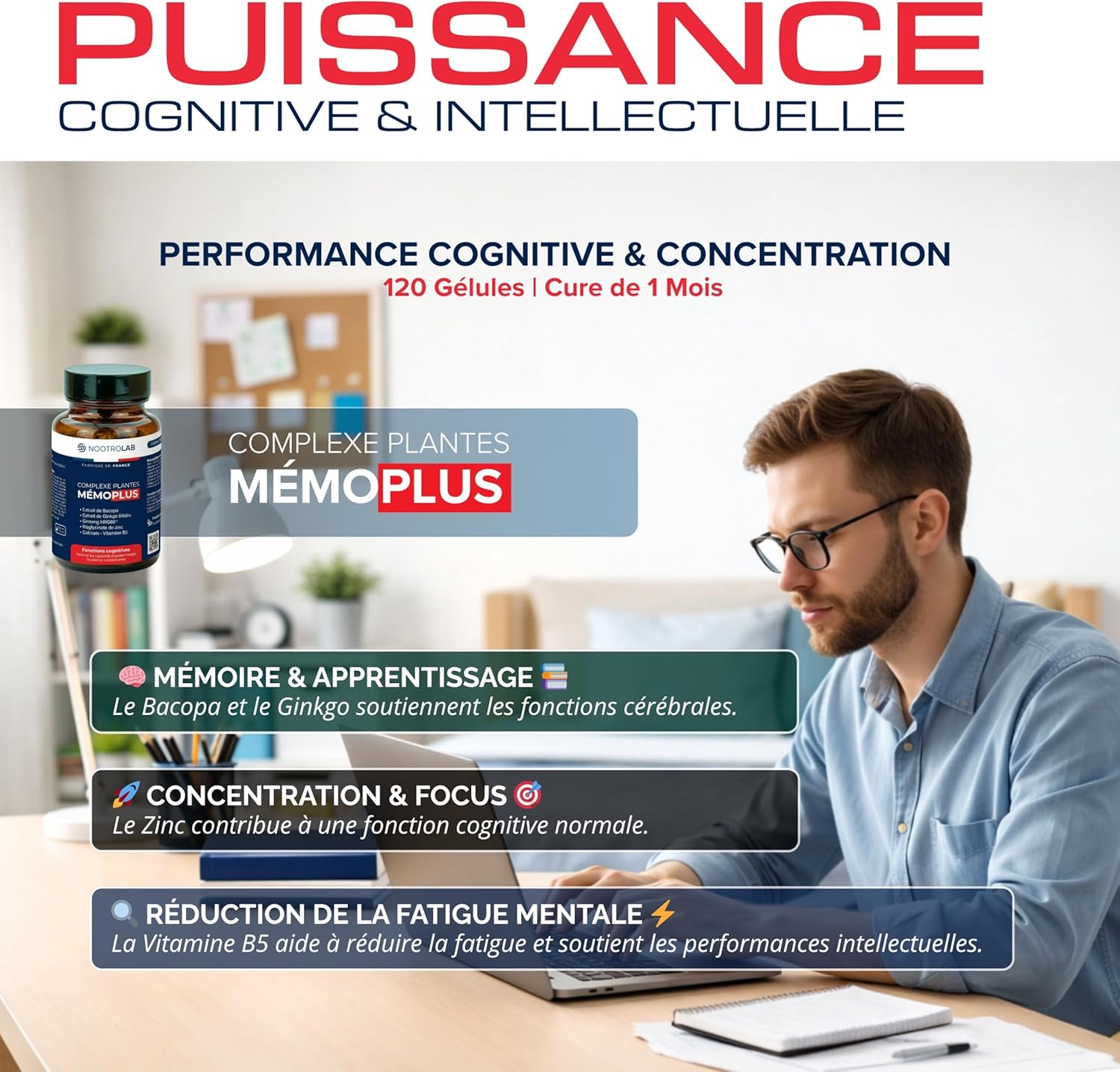 MémoPlus - Nootropique Premium - 600mg Bacopa (20% Bacosides), Ginseng HRG80™, Ginkgo Biloba - Booster Mémoire & Concentration Travail - 120 Gélules Vegan - Fabriqué en France