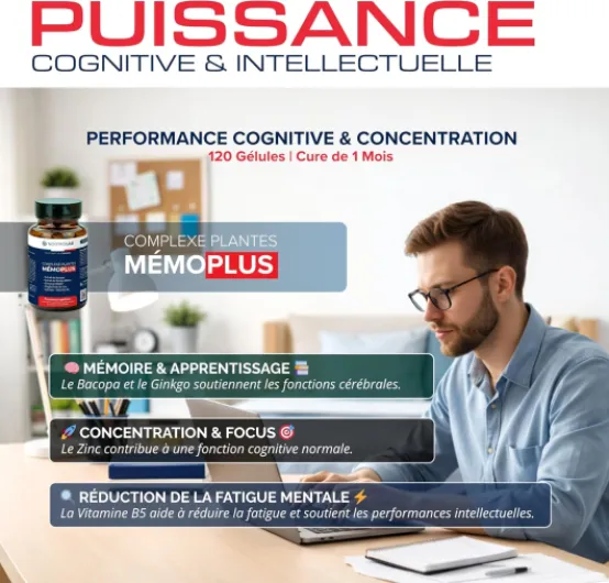 MémoPlus - Nootropique Premium - 600mg Bacopa (20% Bacosides), Ginseng HRG80™, Ginkgo Biloba - Booster Mémoire & Concentration Travail - 120 Gélules Vegan - Fabriqué en France