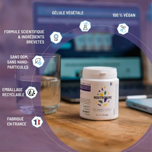 Nootropure - Complément Alimentaire Performances Cognitives - Mémoire, Concentration, Anti-Stress - Rhodiola, Bacopa, Tyrosine - 90 gélules - Cure de 1 mois - Made in France