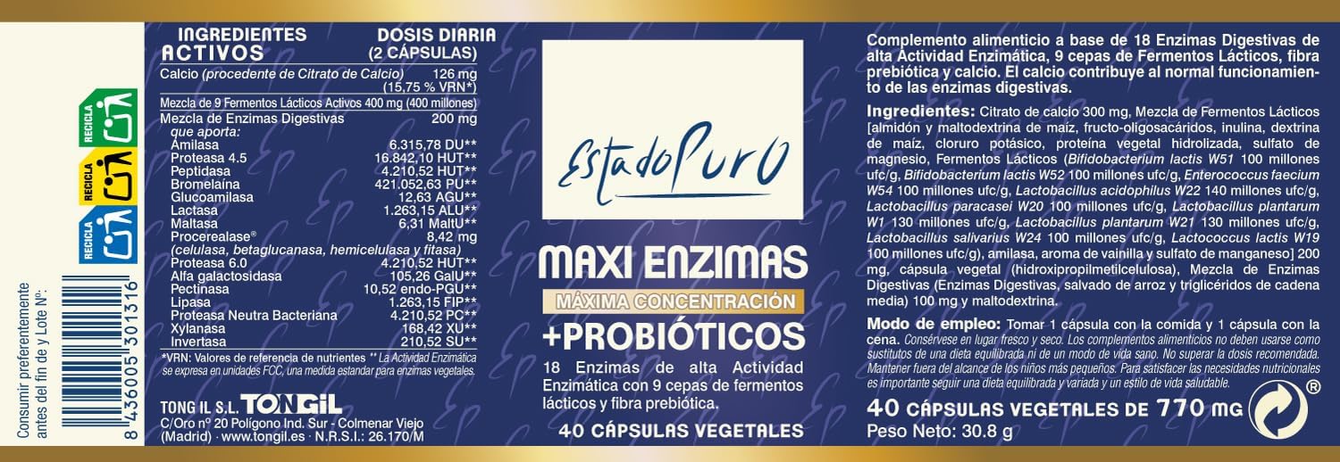 Enzymes digestives à l'état pur - 18 enzymes digestives avec probiotiques + prébiotiques - Améliore la digestion et l'absorption des nutriments - Sans gluten - 80 capsules végétales TONGIL 80 gélules