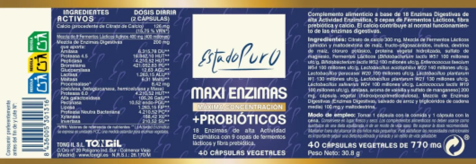 Enzymes digestives à l'état pur - 18 enzymes digestives avec probiotiques + prébiotiques - Améliore la digestion et l'absorption des nutriments - Sans gluten - 80 capsules végétales TONGIL 80 gélules