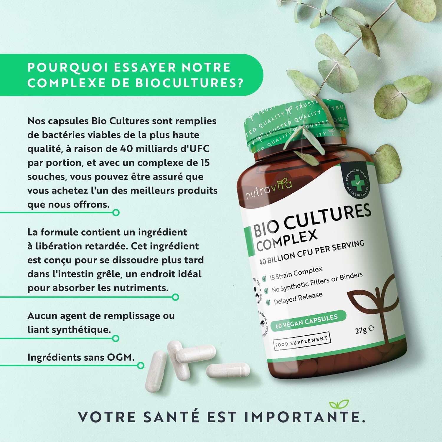 Probiotique Bio-Cultures Complex - Ferment Lactique Végan Probiotiques - Probiotique Flore Intestinale - 15 Souches dont Lactobacillus - 40 Milliards UFC/Jour - Lactobacillus Gasseri - Nutravita