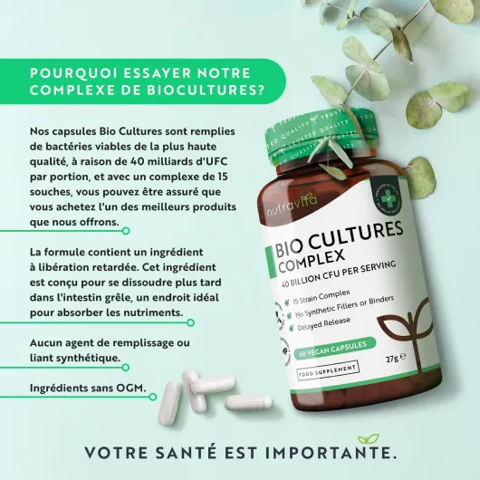Probiotique Bio-Cultures Complex - Ferment Lactique Végan Probiotiques - Probiotique Flore Intestinale - 15 Souches dont Lactobacillus - 40 Milliards UFC/Jour - Lactobacillus Gasseri - Nutravita